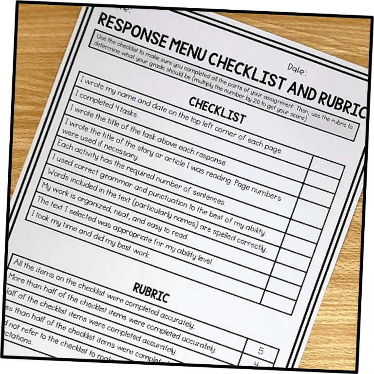 closeup of reading-response-journal rubric and checklist