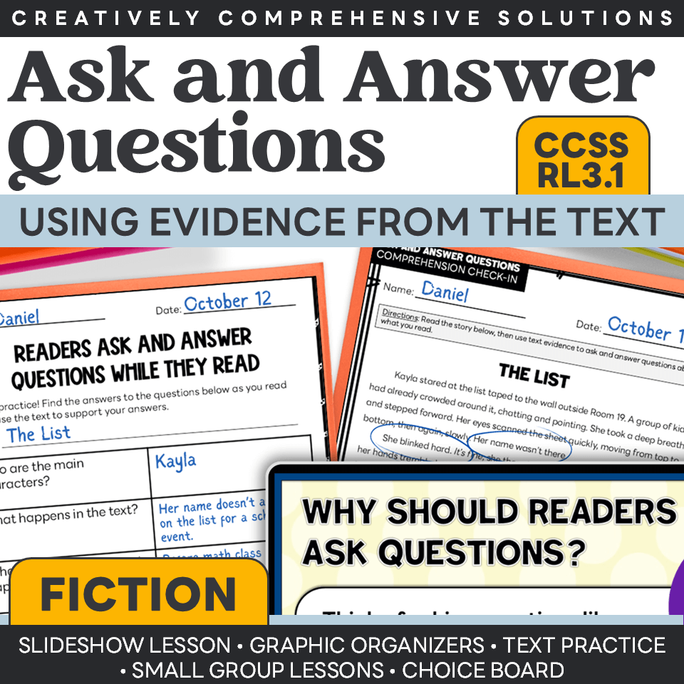 Overview of RL.3.1 unit components including slideshow, organizers, quick checks, intervention lessons, choice board, and comprehension worksheets. Quote from teacher: “More kid-friendly than our curriculum.”