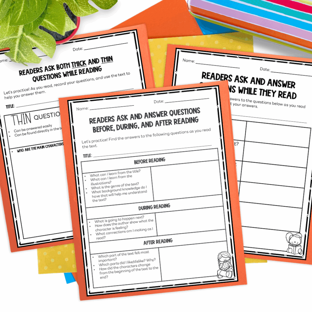 Three printable reading strategy worksheets displayed on a colorful student desk. The worksheets focus on asking and answering questions before, during, and after reading, as well as identifying thick and thin questions.