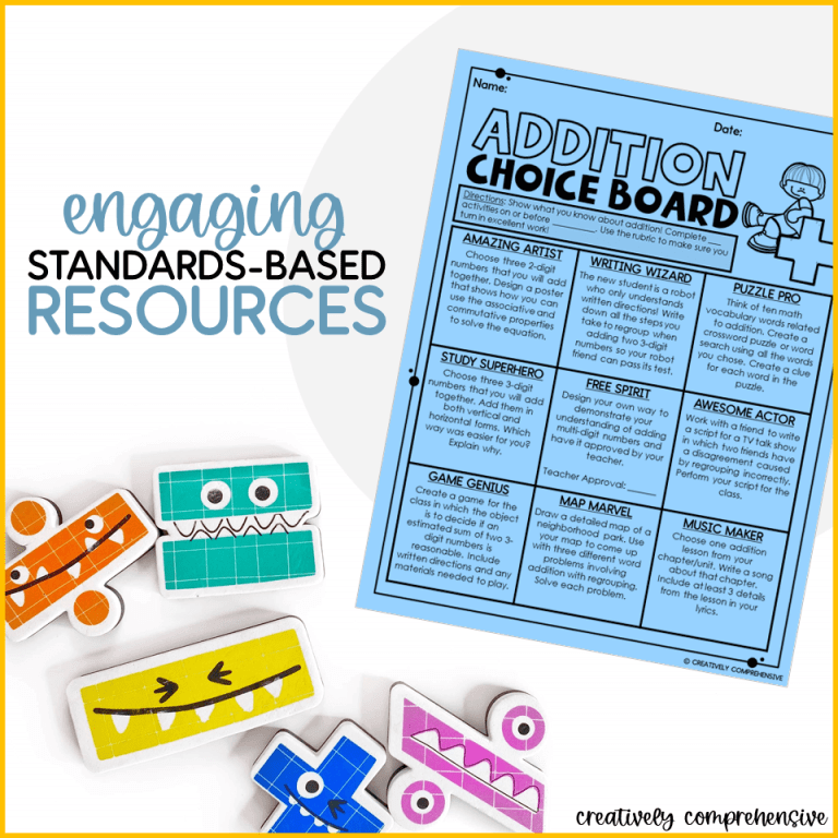 View of Addition Choice Board with caption "engaging standards based activities"