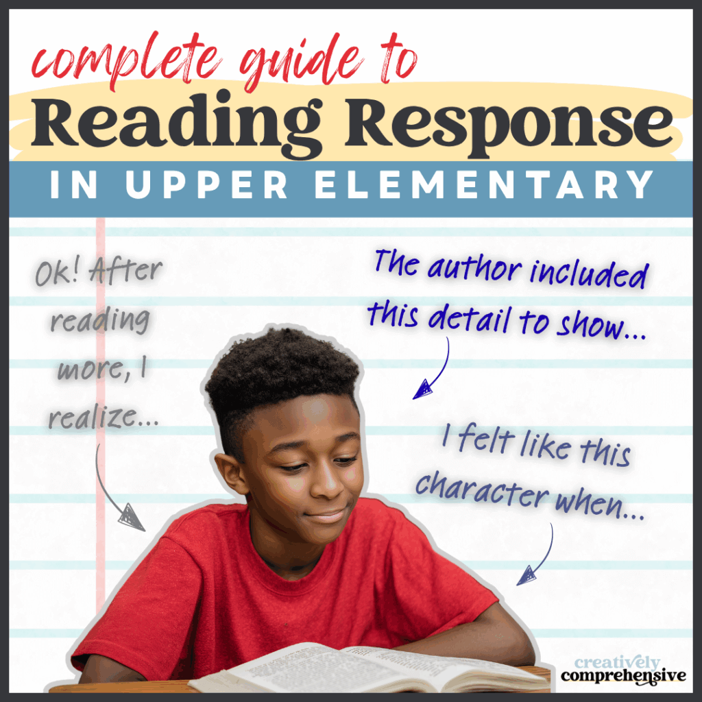 Reading response in upper elementary—student reading a book with sentence stems that model deep thinking and text evidence.