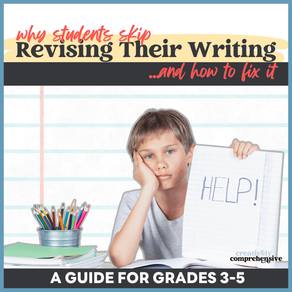Upper elementary student holding a HELP sign during writing revision time
