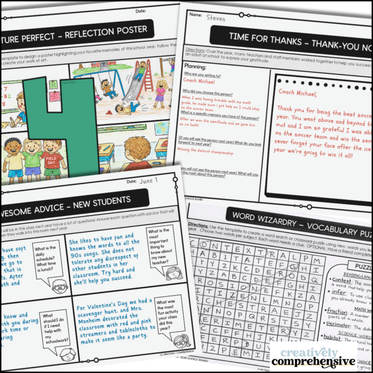 End of Year Activities for Upper Elementary Choice Board Examples