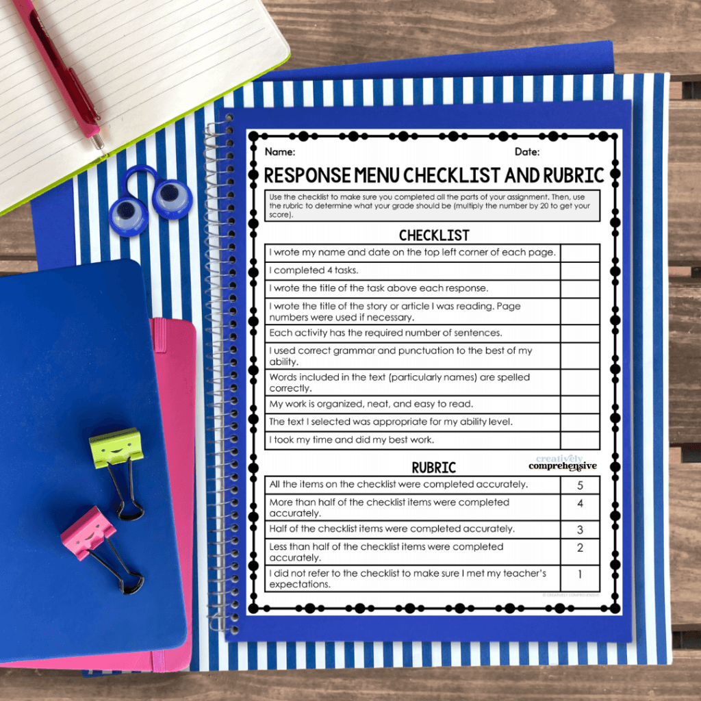 Reading-Response-Menu-Checklist-and-Rubric